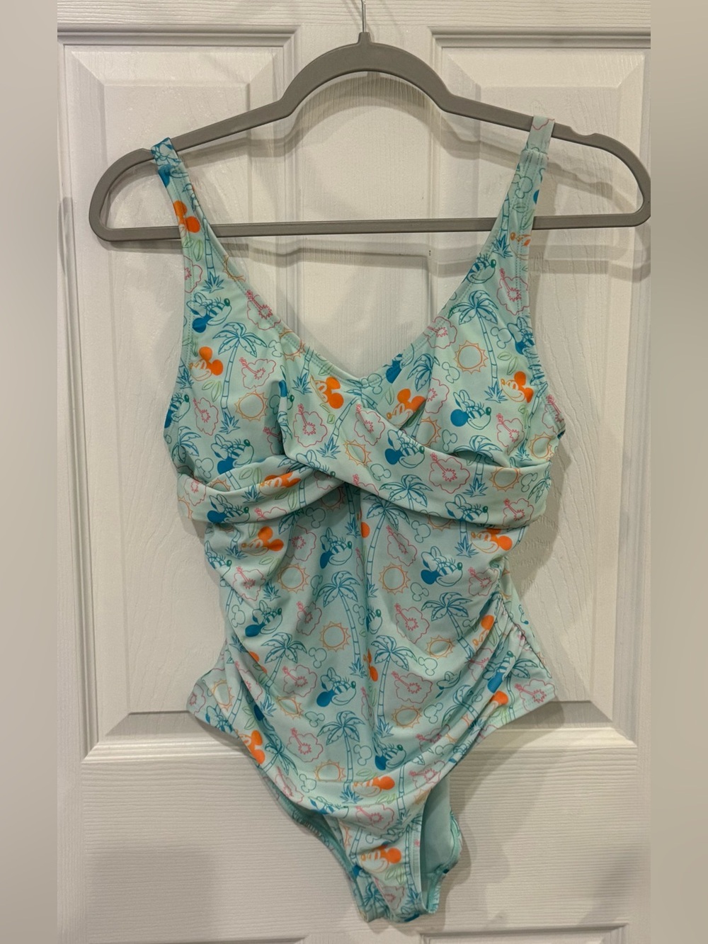 Disney Parks Mickey Minnie Aqua Tropical One Piece Swimsuit Twist Front M NWOT